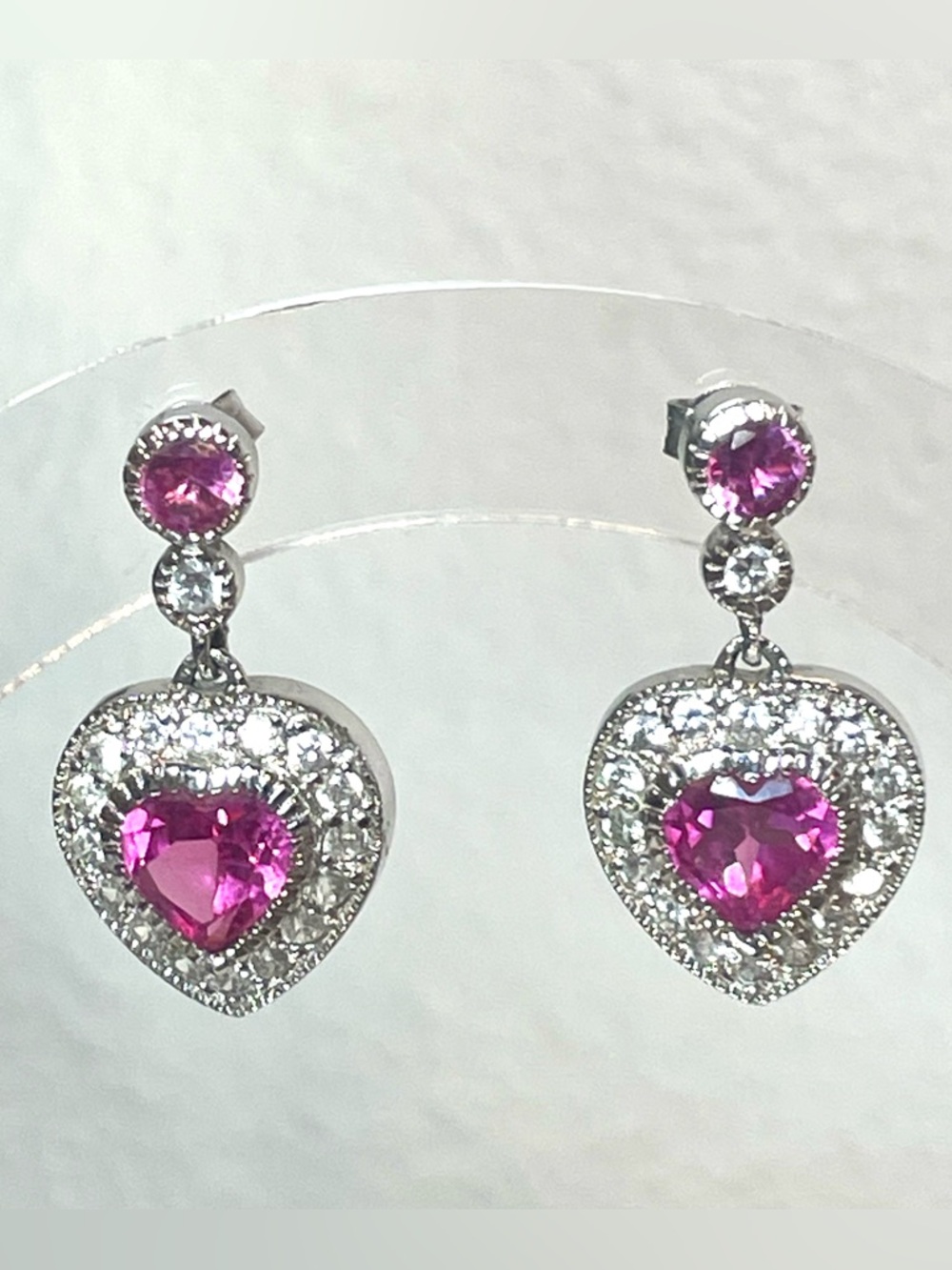 Vintage Pink Sapphire Ruby Heart w CZ Pierced Drop Earrings | Stamped 925 | EUC